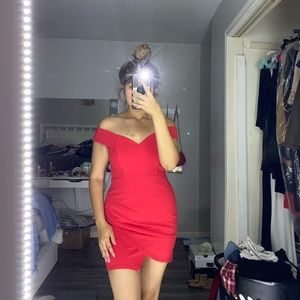 red mini off the shoulder dress